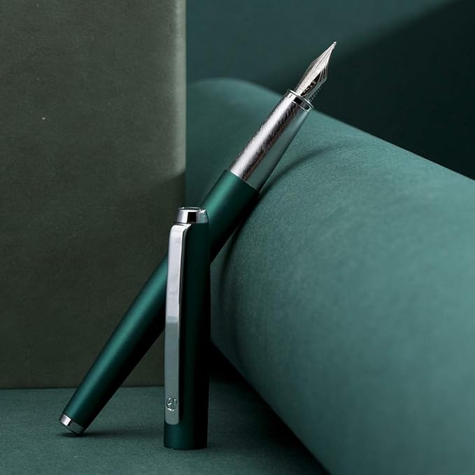 HongDian 525 Green Metal Fountain Pen Bent Nib, Calligraphy Fude Pen 0.6mm with Converter and Metal Box Set