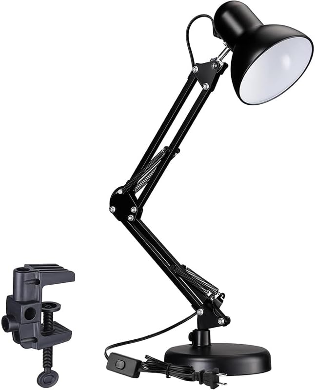 Adjustable Clamp Desk Lamp 24" Height, Swing Arm Architect Metal Table Lamp, Gooseneck and 360° Rotating Shade, E26 Base (Bulb NOT Included) Black Clip-On Light for Office, Study, Reading, Crafting