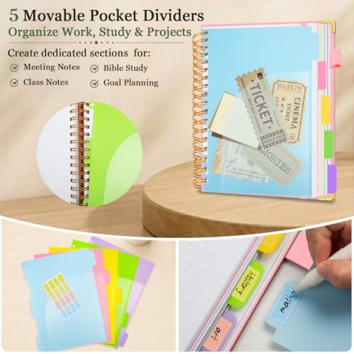 Hardcover Spiral Notebook 8.5''x 11'' College Ruled Notebook with Magnetic Closure, 300 Pages 5 Subject Notebooks with Pocket Dividers for Work School, A4 Leather Journal for Women, Men (Pink)