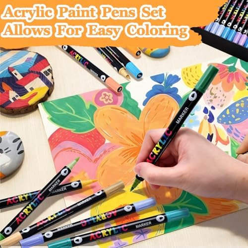 48 Colors Acrylic Paint Markers Set, 24 Pack Dual Brush Tip Acrylic Paint Pens for Stone, Wood, Calligraphy, Canvas, Ceramic, Glass, Rock Painting, Christmas Gifts for Teens, Art Painting Supplies Kit