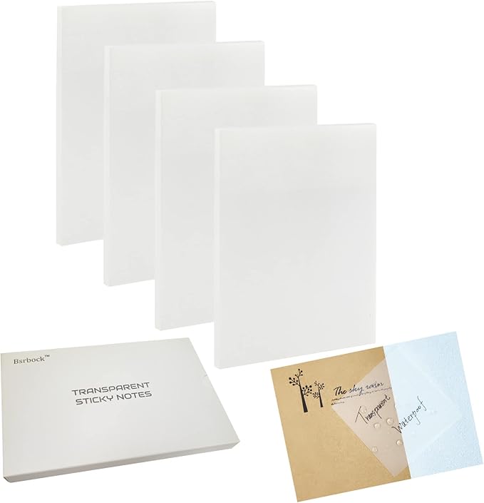 Transparent Sticky Notes 200 Sheets, 4 x 6 in Clear Sticky Notes, See Through Invisible Translucent Sticky Note Waterproof Self-Stick Note Pads for School, Office (4 Packs)