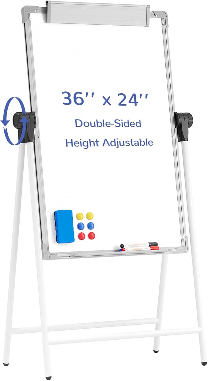 Large Double Sided White Board with Stands, 36" x 24" A-Stand Dry Erase Easel, Portable Flip Chart Easel with Height Adjustable Design for Home, School, Office
