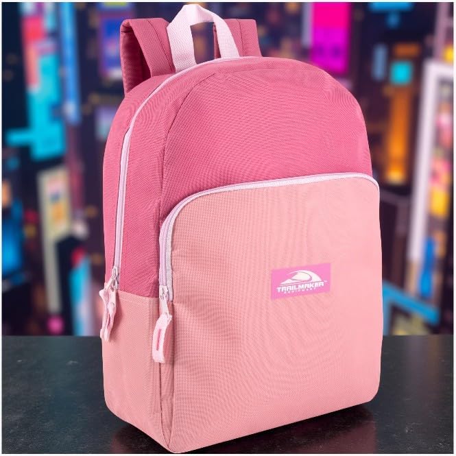 Trail maker 15 Inch Backpack for Girls, Preschool, Elementary & Middle School Students – Spacious Bookbag with Large Front Pocket, Adjustable Straps, Fits up to 13 Inch Laptop (Pink)