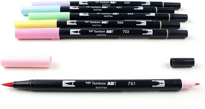 Tombow 56213 Dual Brush Pen Art Markers, Pastel, 6-Pack. Blendable, Brush and Fine Tip Markers