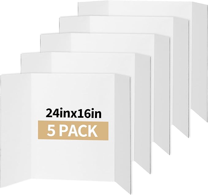 CRUGLA Trifold Poster Board – 5 Pack, 24 x 16 White Corrugated Presentation Display Boards for Science Fairs, School Projects, Exhibitions, and Office Presentations