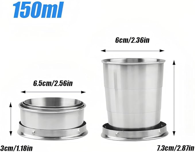 Stainless Steel Collapsible Cup, 150ml Camping Folding Cup Retractable Travel Mug with Lid Keychain Portable Drinking Outdoor Demountable Stackable Expandable Protective Cap for Hiking Picnic(M)