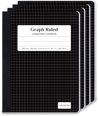 ONAVIA Graph Composition Notebook 4 Pack, 4x4 Grid, 200 Pages, Black