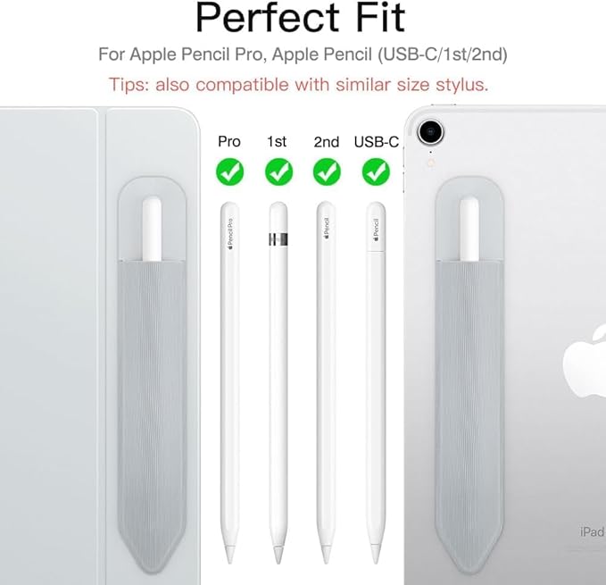 MoKo Pencil Holder Sticker Fit Apple Pencil Pro, iPencil USB-C, Apple Pencil 1st/2nd Generation, Elastic Pencil Pocket Pouch Adhesive Sleeve Attached to iPad Case for Stylus Pens, 2 Pieces Silver Gray