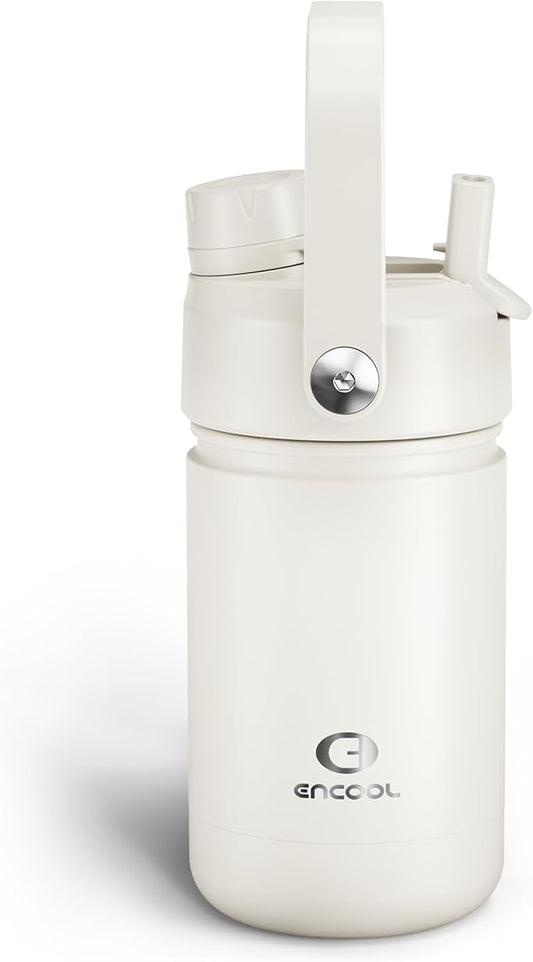 Kids Insulated Water Bottle with Straw - 12oz Stainless Steel Water Bottle with Dual Spouts, Leak-Proof, BPA-Free, Double Wall Vacuum Keeps Cold for 24 Hours for Sports, Travel, School (Cream Moon)