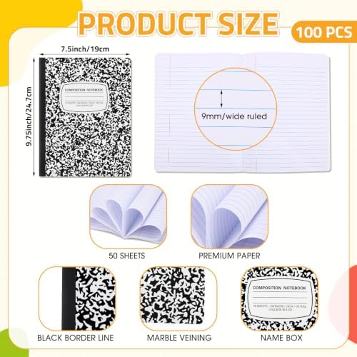 Fainne 100 Pack College Ruled Composition Notebooks Bulk B5,Black