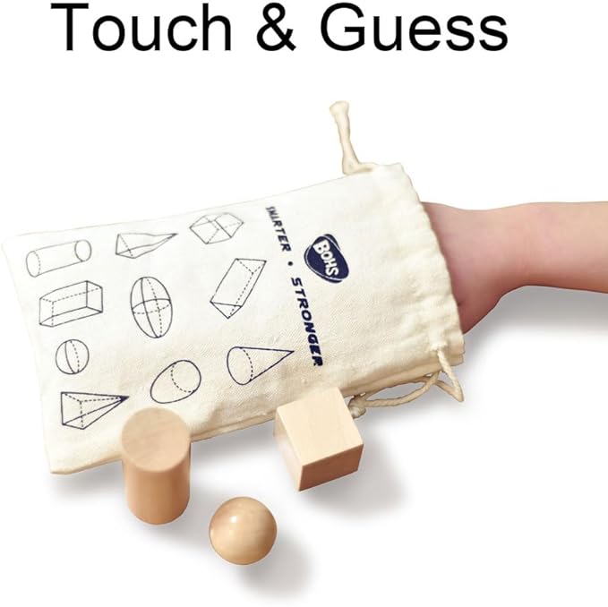 BOHS 3D Shapes Guess Game - 10 Sets Bulk Supplies - Solid Figures Geometry Miniature Set in Mystery Bag - Wooden Montessori Toys