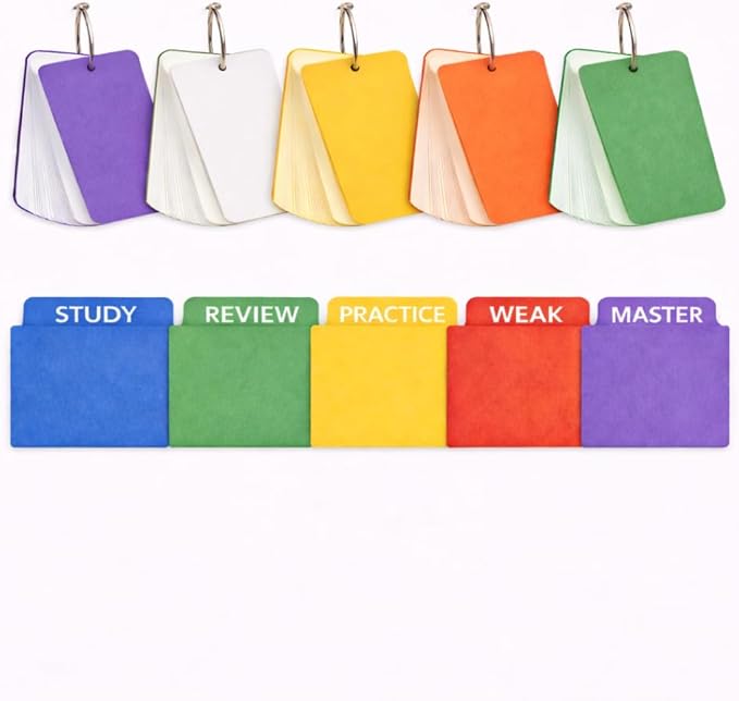 500-Page Study Flashcards with Tabs, 5-Section Color-Coded Study Card Organizer with Dividers & Metal Rings for Students, Self-Study and Exam Preparation