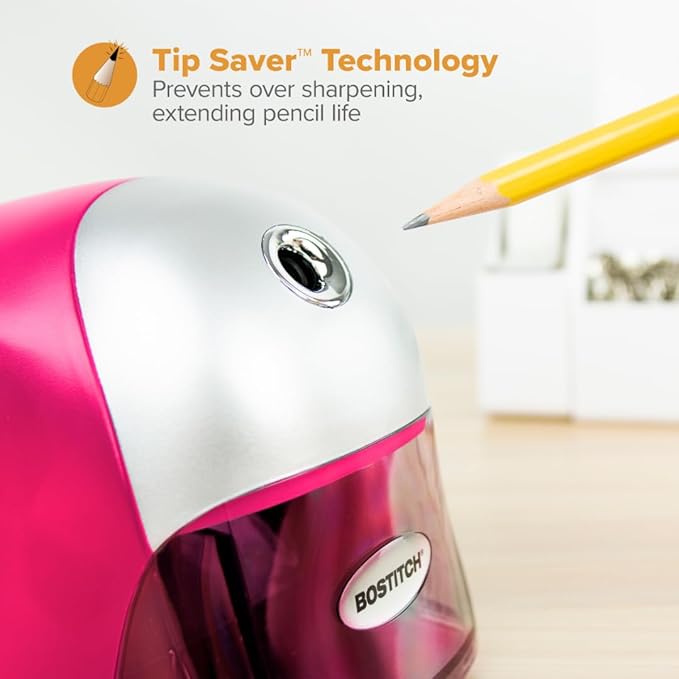 Bostitch Office QuietSharp Executive Heavy Duty Electric Pencil Sharpener for 65% Faster Sharpening and 6X Longer Cutter Life - Colored Pencil Compatible, Pink