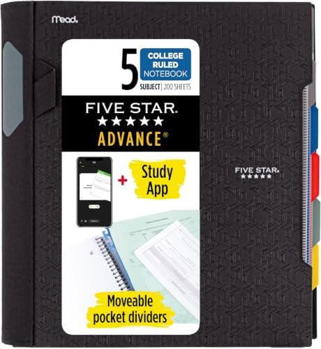 Five Star Advance Spiral Notebook + Study App, 5 Subject, College Ruled Paper, 8-1/2" x 11", 200 Sheets, Spiral Guard, Movable Tabbed Dividers, Black (73144) (Pack of 6)