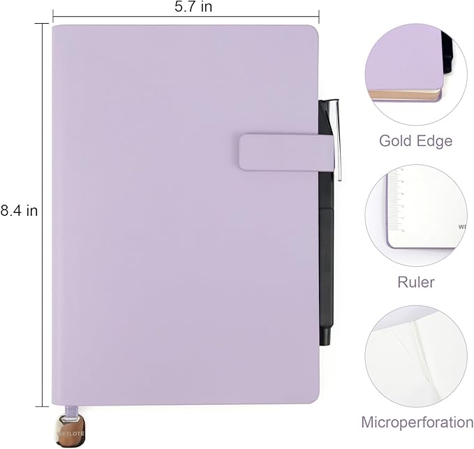 Soft Cover Leather Journal Notebook A5 Lined 212 Pages 5x8.25 Inches with Strap Closure Travel Work School Writing Journaling Notebooks for Women Men Gift Box Packaging Light Purple