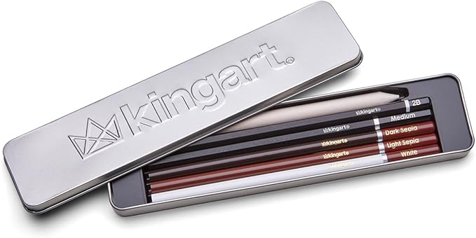 KINGART 7-Piece Mixed Media Drawing & Sketching Set with Metal Storage Tin – Includes Graphite, Charcoal, and Pastel Pencils, Blending Stump, and Case