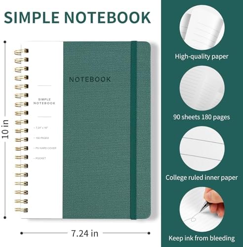 Spiral Notebook - 7.24" x 10" College Ruled Journal with Inner Pockets and 180 Pages, PU Leather Cover Business Journal, Twin-Wire Binding Notebook Perfect for Office & Home School Supplies Green