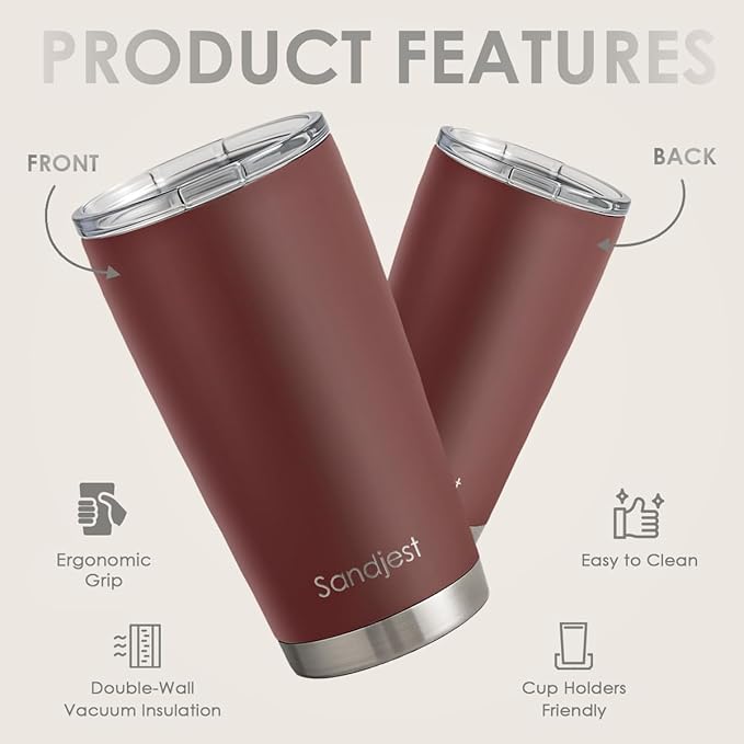 SANDJEST Stainless Steel Tumbler 20 oz, Double Wall Vacuum Insulated Mug with Lid, Travel Coffee Cup for Women Men Friends, Birthday Christmas (Mahogany Red)