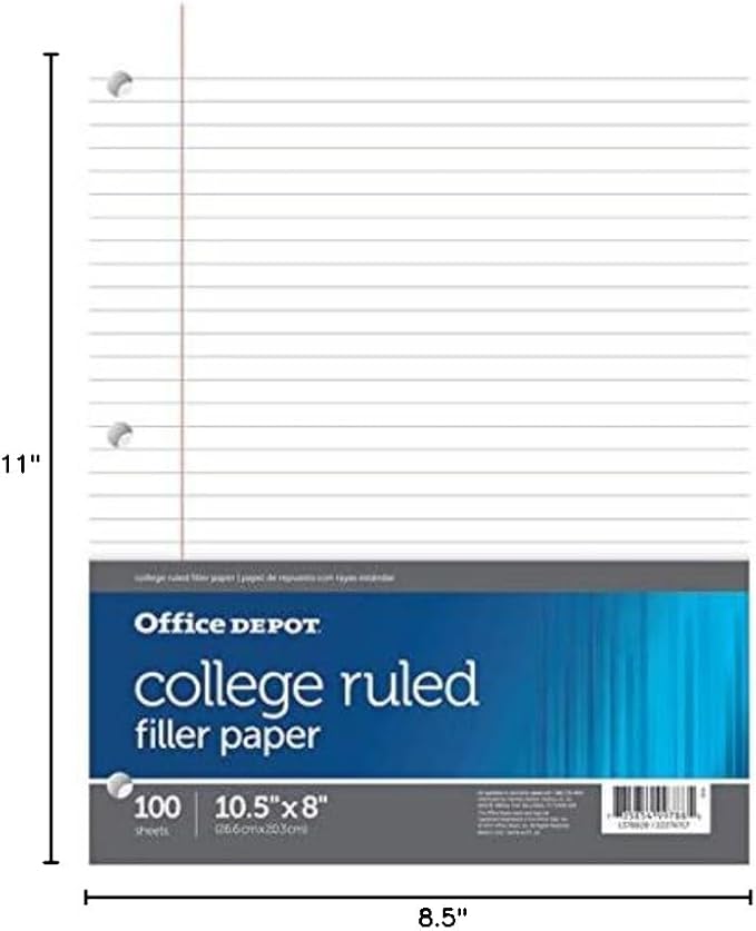 Office Depot Brand Filler Paper, College Ruled, 92 Brightness, 16 Lb, Pack of 100 Sheets