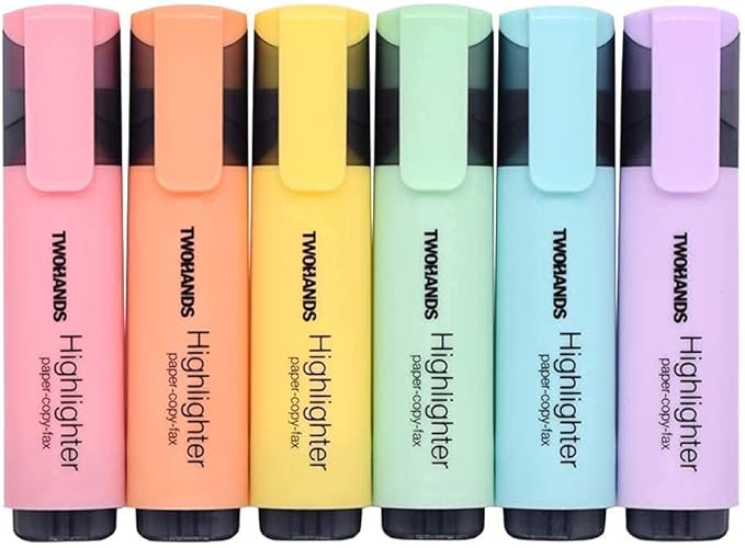 TWOHANDS Highlighter,Chisel Tip Marker Pen,6 Assorted Pastel Colors,H2007
