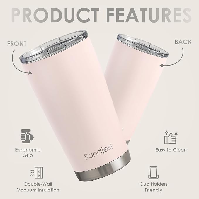 SANDJEST Stainless Steel Tumbler 20 oz, Double Wall Vacuum Insulated Mug with Lid, Travel Coffee Cup for Women Girls Friends Sisters, Birthday Christmas (Pale Pink)