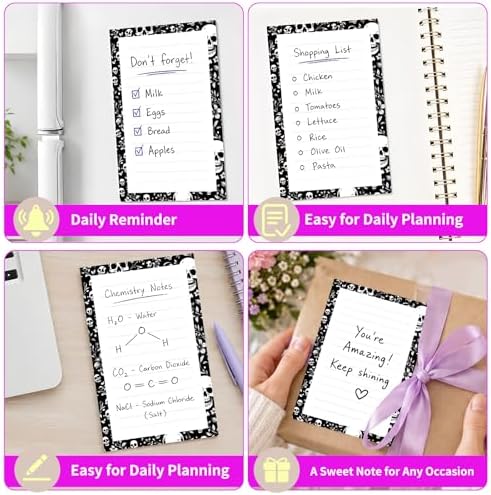 Lined Sticky Notes 4x6 in, 2 Pack Large Cute Notepads with Lines Self-Stick Note Pad, Funny Memo Pads Strong Adhesive for Office, Home Black White Skulls