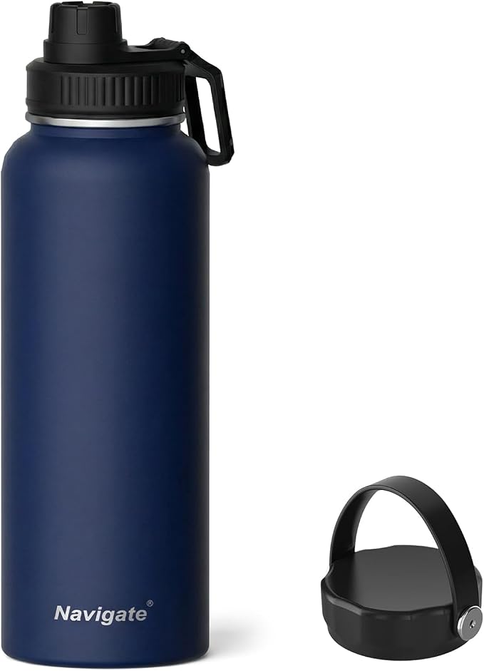 Navigate 40 oz Insulated Stainless Steel Sports Water Bottle with Spout & Handle Lids,Wide Mouth Water Jug with Double Walled Leak Proof Keep Cold for 24 Hrs Hot for 12 Hrs,Dark Blue