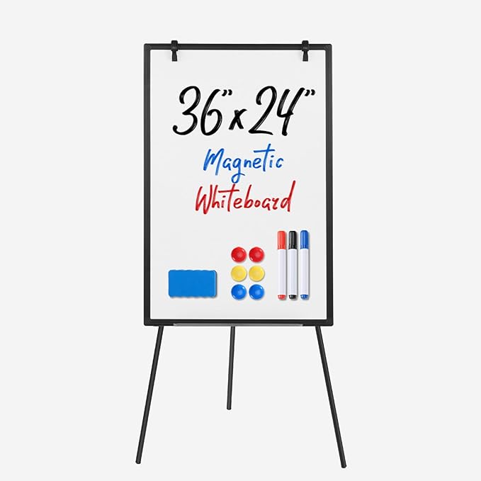 OLIXIS 36" x 24" Magnetic White Board with Stand, Standing Dry Erase Board, Whiteboard with 1 Dry Eraser & 2 Multicolor Markers & 4 Magnetic Pins, Aluminium Frame for Home, School, Office, Black