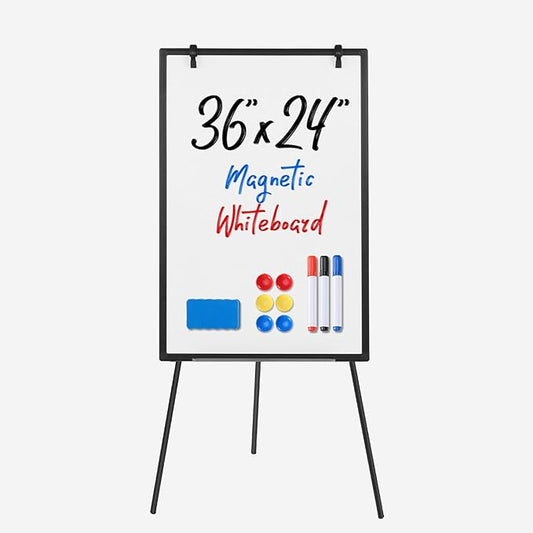 OLIXIS 36" x 24" Magnetic White Board with Stand, Standing Dry Erase Board, Whiteboard with 1 Dry Eraser & 2 Multicolor Markers & 4 Magnetic Pins, Aluminium Frame for Home, School, Office, Black