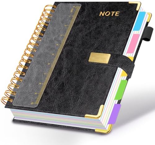 Hardcover Spiral Notebook 8.5''x 11'' College Ruled Notebook with Magnetic Closure, 300 Pages 5 Subject Notebooks with Pocket Dividers for Work School, A4 Leather Journal for Women, Men (Black)