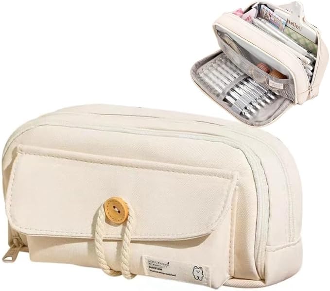 Simple Style Cotton Rope Pencil Holder - Large Capacity Multi-layered Pencil Case Organizer, Aesthetic Minimalist Fabric Pen Pouch with Zipper, Durable Eco-Friendly Pen Pouch Bag (Beige)