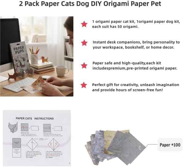 2 Paper Cats DIY Origami Paper Cats Dogs,100 Sheets 3D Origami Paper for Adults,Fun Craft Activity,Desk Decoration Creative Gift for Cat Lovers