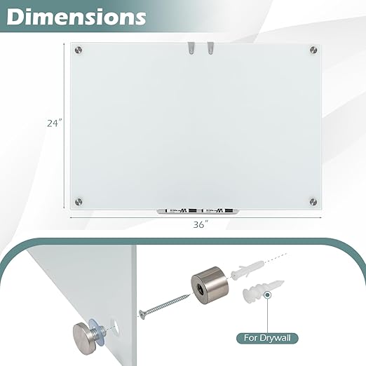 Goplus Magnetic Glass Whiteboard, 36" x 24" Wall Mounted White Board with Eraser, Accessory Tray, 2 Markers, 4 Strong Magnets, 2 Hanging Hooks, Frameless Glass Dry Erase Board for Office, School, Home