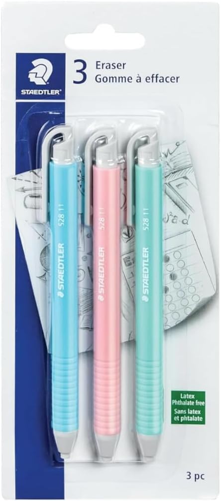 STAEDTLER Vinyl Eraser Holder 6-Pack (6 Sets of 3 pcs): 3 Units Retractable Erasers for Pencils, Soft Vinyl, Latex-Free, Clean Edges, No Smudges, Pastel Colors, 18 Count
