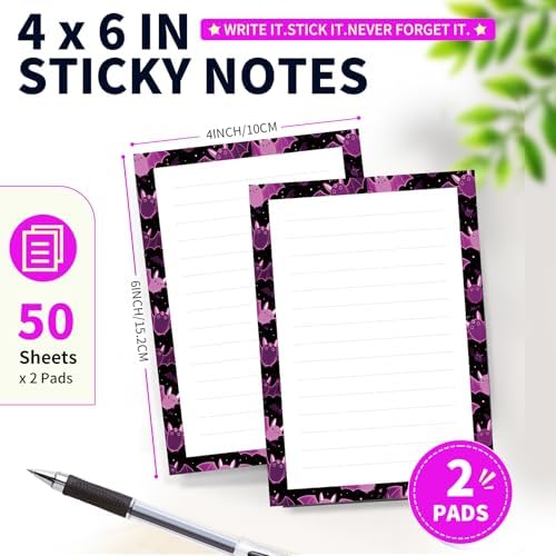 Lined Sticky Notes 4x6 in, 2 Pack Large Cute Notepads with Lines Self-Stick Note Pad, Funny Memo Pads Strong Adhesive for Office, Home Cute Purple Bats