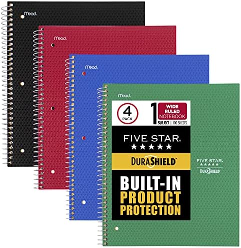Five Star Spiral Notebook with DuraShield Cover, 4 Pack, 1 Subject, Wide Ruled Paper, 8" x 10-1/2", 100 Sheets, Assorted Colors (930021-ECM)