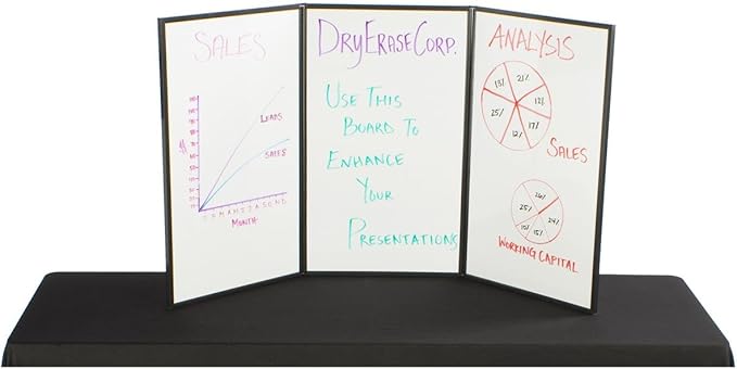 Displays2Go Trifold Tabletop Presentation Board, 54 x 30 Hook & Loop Fabric Display with Dry Erase Panels, Blue & White (3PV5430BLU)