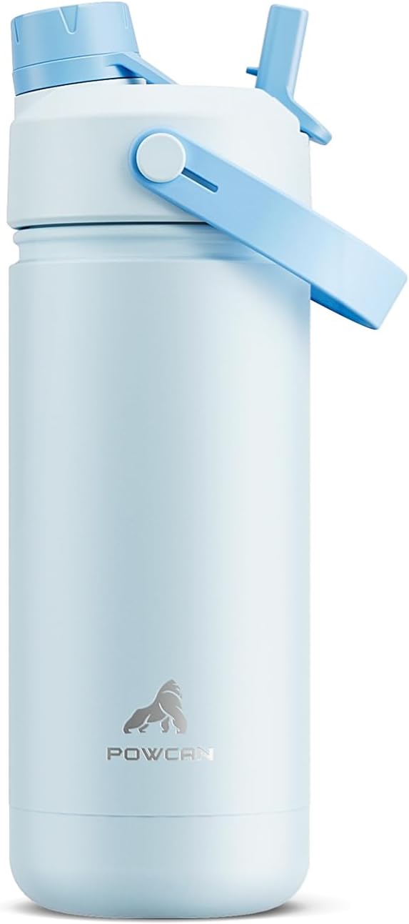 POWCAN 18 oz Insulated Water Bottle with 2-in-1 Straw and Spout Lid, Keep Cold 24H, Leak-Proof, Fits in Car Cup Holder, Stainless Steel Water Bottle for Sports, Travel, and School (Sea Breeze)