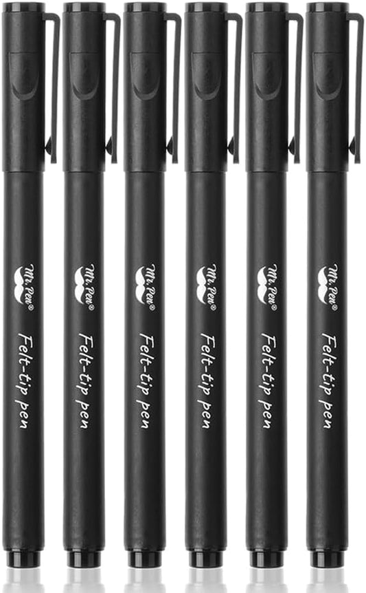 Mr. Pen- Black Felt Tip Pens, Fine Point, 6 Pack, Fast Drying, No Smear, Bible Journaling Pens No Bleed-Through for Planners, Sketching, Writing