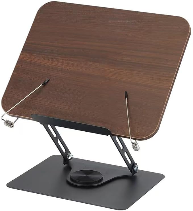Adjustable Book Stand with 360° Rotating Base, Foldable Hands Free Reading Holder with Elastic Page Clips, Desktop Display Stand for Cookbook, Textbook, Magazines, Laptops, Music Scores, Wood Grain