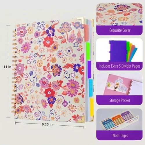 Hardcover Spiral Notebook 8.5" x 11" with Removable Dividers, 300 Pages 5 Subject College Ruled Notebook for Work with Tabs, A4 Spiral Journal for Women Men, School Students Note Taking, Purple Floral