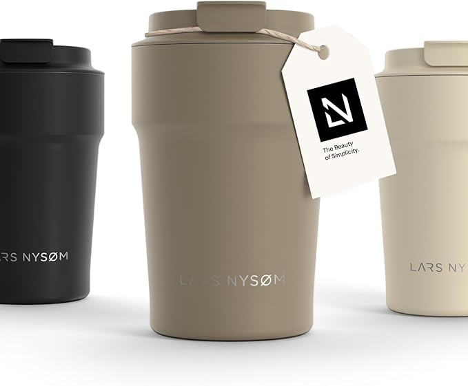 LARS NYSØM Thermo Coffee Mug to go 13oz | Travel Mug 0.38 Liter with Insulation | Leak Proof Stainless Steel Thermal Tumbler for Coffee and Tea on the Go (Taupe Brown, 12.9oz)