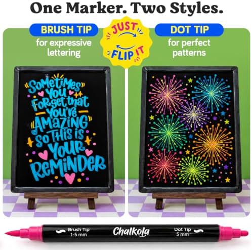 Chalkola 24 Chalk Markers for Blackboard, Chalkboard - Dual Tip Dot + Brush