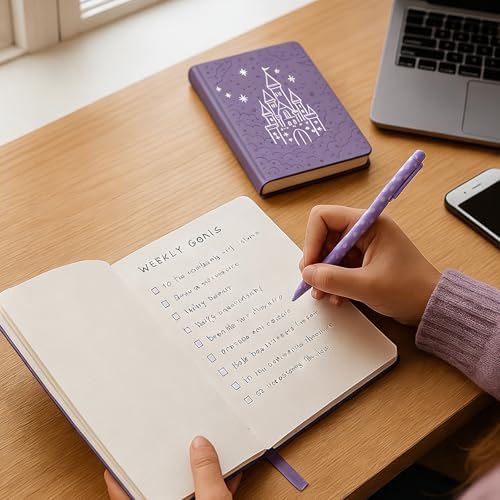 Dot Grid Journal with 160GSM Thick Paper, 192 Pages, A5 Dotted Notebook for Work, School, Travel | 180° Lay Flat, Foil Stamped Cover, Elastic Band, 2 Bookmarks & Inner Pocket (Purple Castle)