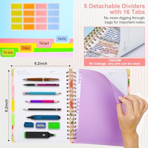 Spiral Journal Notebooks for Work, 300 Pages 5 Subject Notebook College Ruled with Dividers & Tabs, A5 Notebook Journal for Women Students Note-Taking and Organizer (Pink Strawberry)
