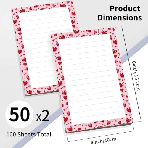 2 Pack Lined Sticky Notes 4x6 in, Cute Self-Stick Notepads with Lines, Large Memo Pads Strong Adhesive for Office, Home Red Pink Heart