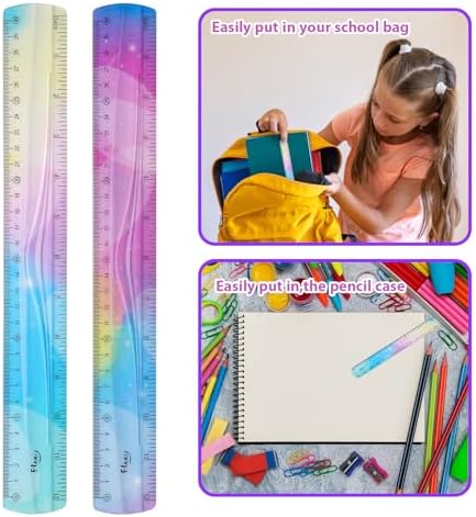 2PCS Flexible Ruler, 30cm/12inch Plastic Ruler Shatterproof Straight Edge Ruler Bendable Safe Soft Gradient Colored Flex Ruler with Centimeter and Inch Scales for School Classroom Office Kids & Adults