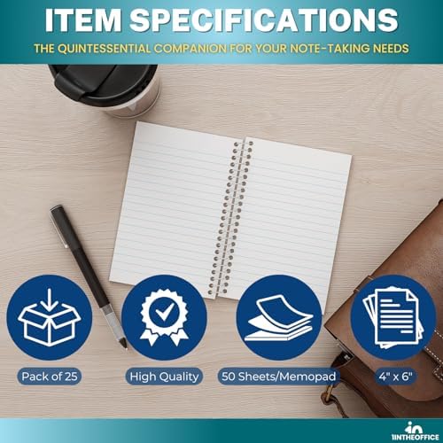 1InTheOffice Wirebound Spiral Memo Books, Memo Pads, 4" x 6", College Ruled, Small Notepad 4x6, Assorted, 50Sheets/Pad, 25 pack