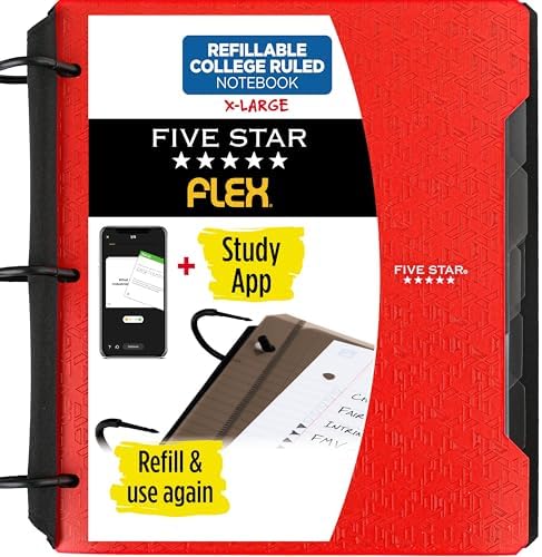 Five Star Flex Refillable Notebook + Study App, College Ruled Paper and 1-1/2 Inch TechLock Ring Binder with Pockets, Tabs and Dividers, 300 Sheet Capacity, Fire Red (29324AB2)
