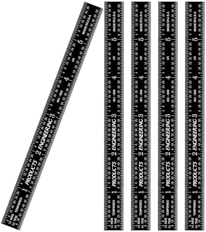 PEC Tools 6" Black Chrome Metal Ruler, Flexible, 4R Graduation, Pack of 5